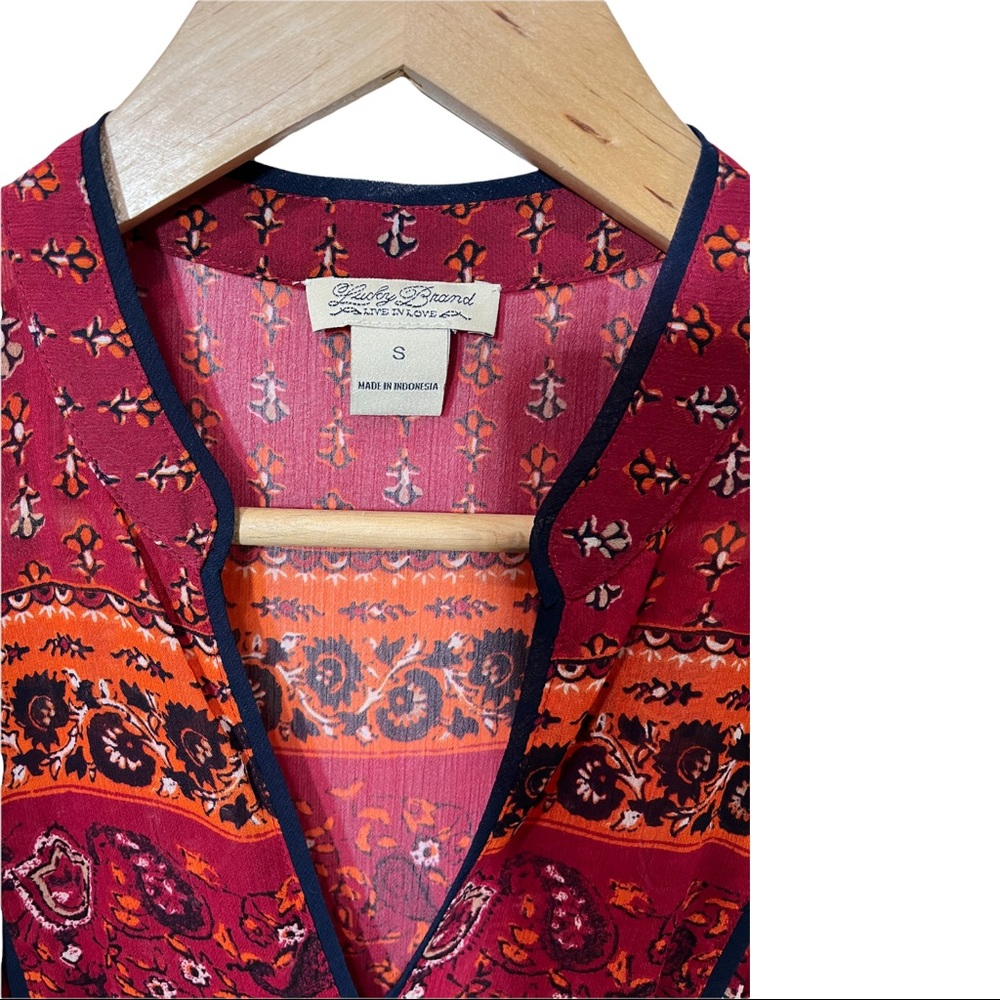 LUCKY BRAND BOHO FLORAL V-NECK RED ORANGE SLEEVELESS SHEER BLOUSE SIZE SMALL - Picture 3 of 16